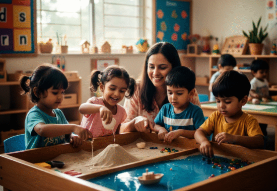 preschool students actively engaged in hands-on sensory table play with sand and small tools, demonstrating clear exploration.