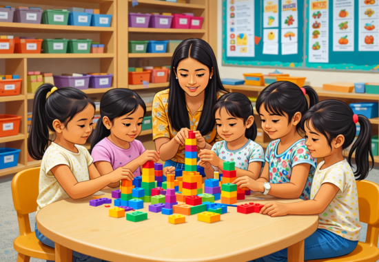 Teacher encouraging kids to play - Hillsidepreschool Tirupati