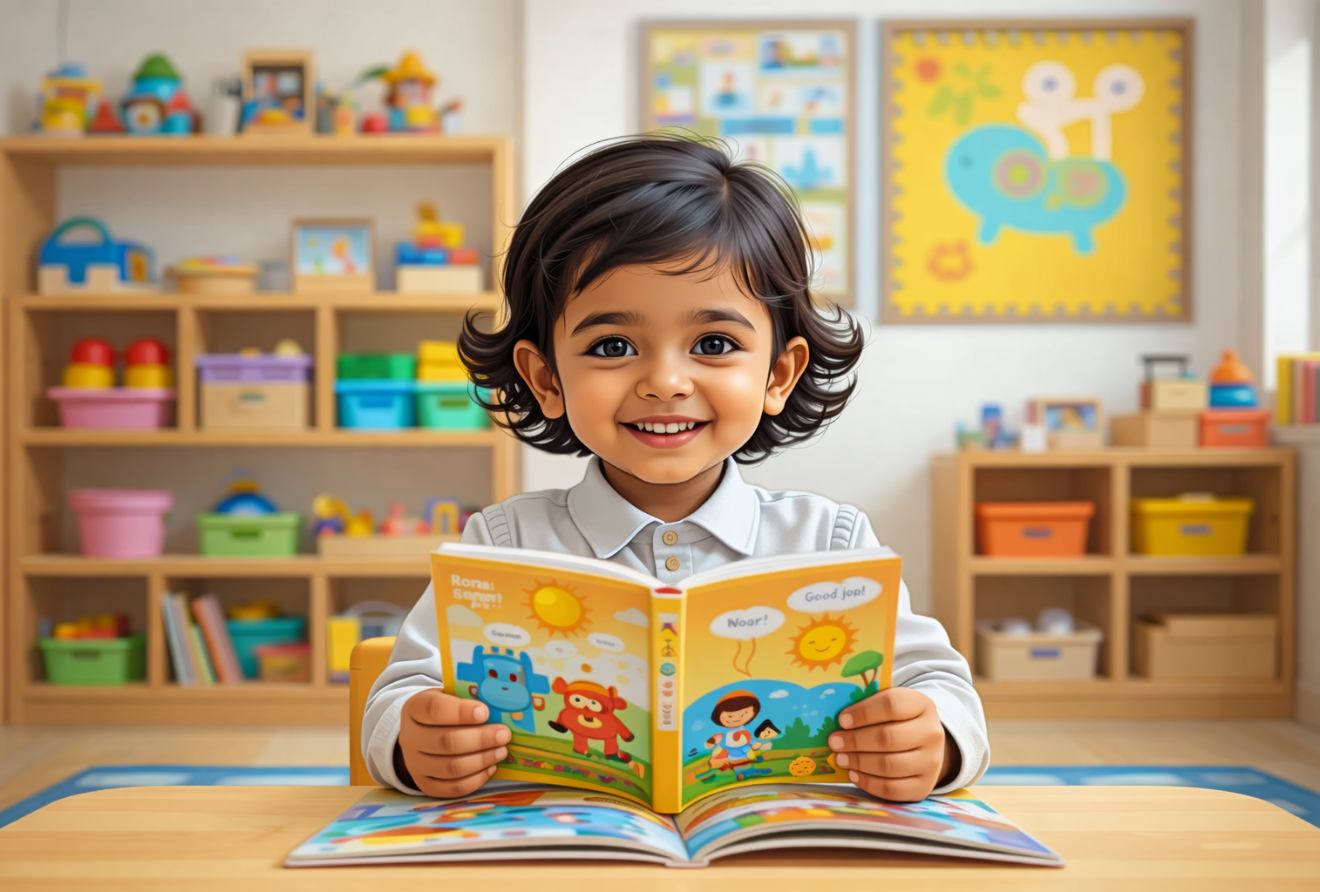 Boy reading at hillsidepreschool
